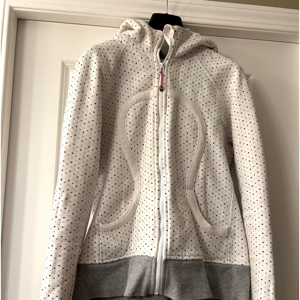 Lululemon white polkadot, hooded sweatshirt, size 10